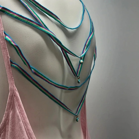 Pitusa Dress Maxi Long Backless Swim Coverup Evil Eye Beaded Cotton Pink OS - Picture 6 of 13